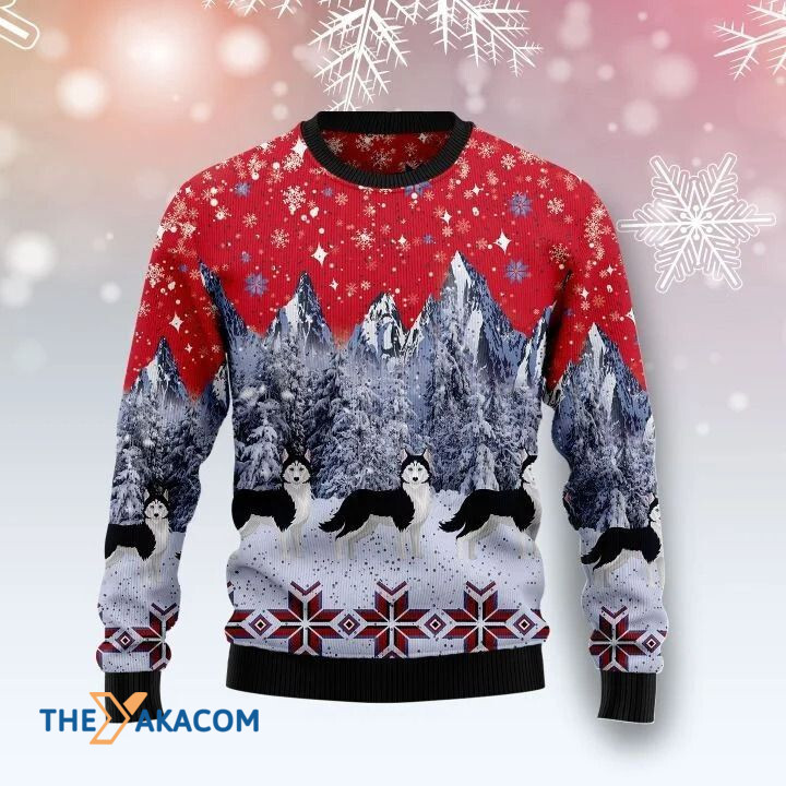 Lovely Siberian Husky Dog Family In Snow Mountain Gift For Christmas Ugly Christmas Sweater