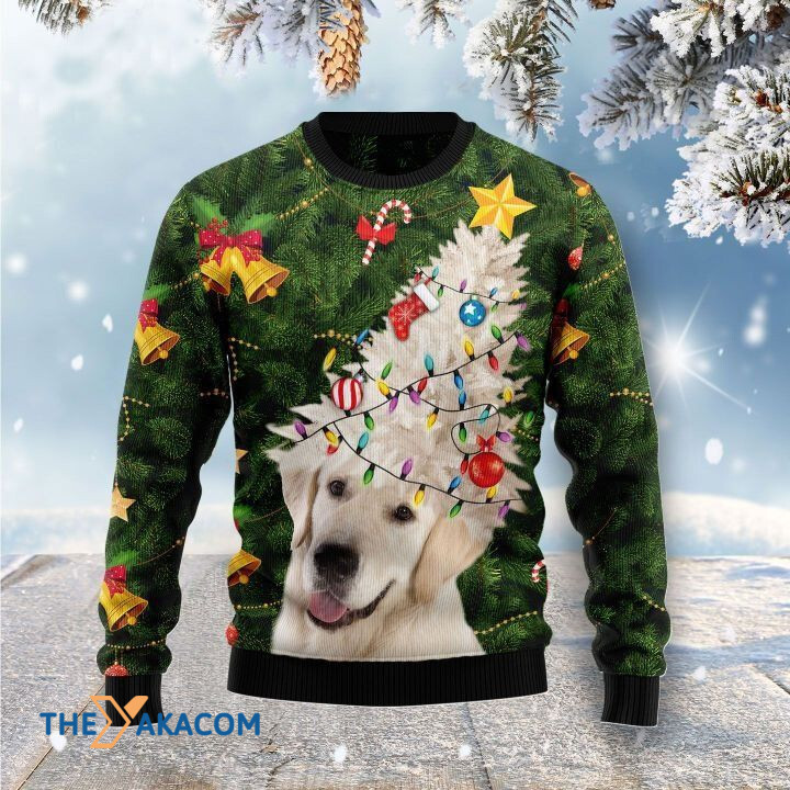 Lovely White Labrador Retriever Dog Wear White Pine On Head Gift For Christmas Ugly Christmas Sweater
