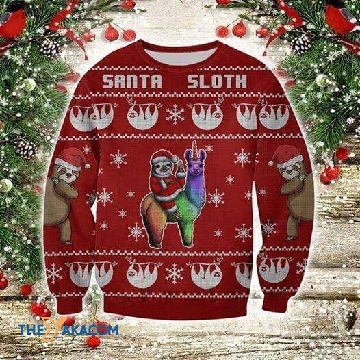 Merry Xmas Amazing Santa Sloth With Llama Red With Awesome Pattern Ugly Christmas Sweater