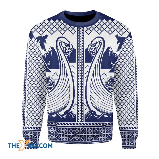 Merry Xmas Amazing Viking Boat With Blue Special Pattern Ugly Christmas Sweater