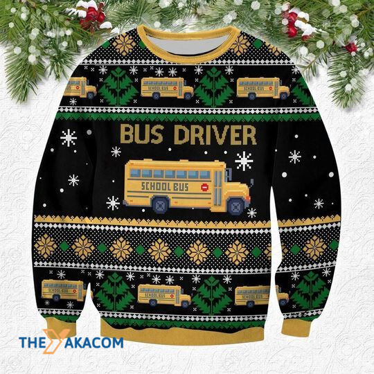 Merry Xmas Awesome Yellow Big Bus Driver Ugly Christmas Sweater