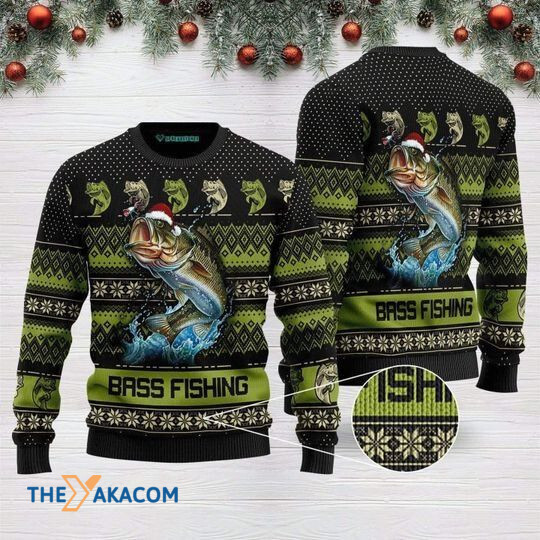 Merry Xmas Bass Fishing Green Black With Awesome Pattern Ugly Christmas Sweater