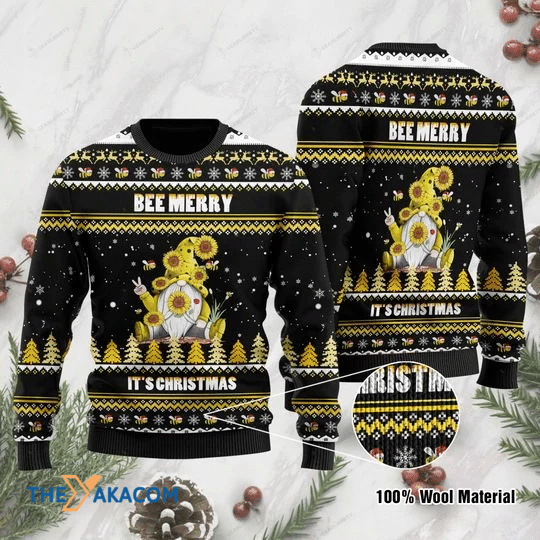 Merry Xmas Bee Merry It_s Christmas Gnome With Sunflower Gift For Christmas Party Ugly Christmas Sweater