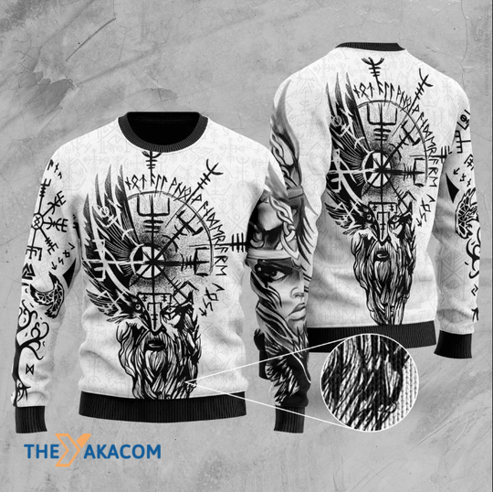 Merry Xmas Black And White Viking Valkyrie Odin_s Raven Valknut Gift For Christmas Party Ugly Christmas Sweater