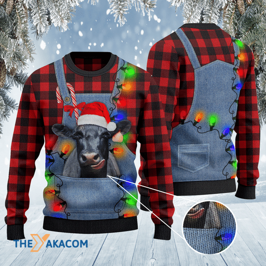 Merry Xmas Black Angus Cattle Lovers Red Plaid Shirt And Denim Bib Awesome Gift For Christmas Ugly Christmas Sweater
