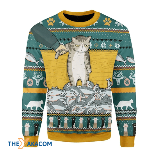 Merry Xmas Cat Confused With Fish Gift For Christmas Party Ugly Christmas Sweater