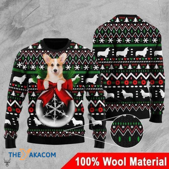 Merry Xmas Corgi Wreath And Funny Corgi Shape Pattern Vintage Ugly Christmas Sweater
