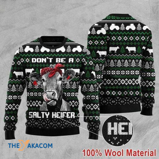 Merry Xmas Cow Don_t Be A Salty Heifer Vintage Pattern Ugly Christmas Sweater