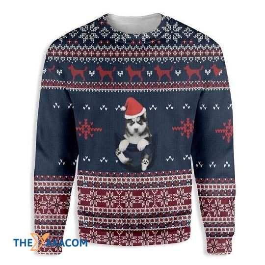 Merry Xmas Cute Baby Siberian Husky In Pocket Gift For Christmas Party Ugly Christmas Sweater Merry Xmas Cute Baby Siberian Husky In Pocket Gift For Christmas Party Ugly Christmas Sweater