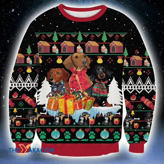 Merry Xmas Dachshund Family And Lots Of Presents Special Pattern Ugly Christmas Sweater