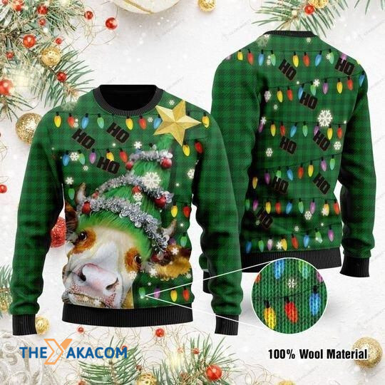 Merry Xmas Green Ho Ho Ho Cow Christmas Tree Gift For Christmas Party Ugly Christmas Sweater
