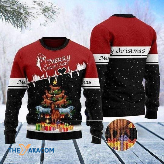 Merry Xmas Heart Beat and Horse Merry Wool Special Pattern Ugly Christmas Sweater