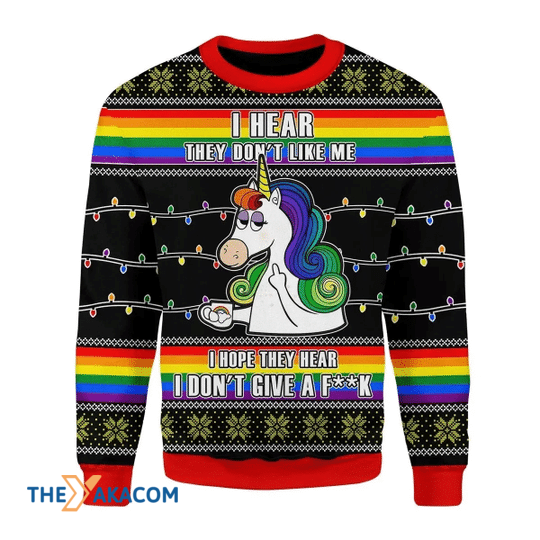 Merry Xmas LGBT Unicorn I Hear They Don_t Like Me But I Don_t Give A Fk Special Pattern Ugly Christmas Sweater