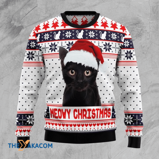 Merry Xmas Meowy Christmas Black Cat Cosplay Santa Clause Gift For Christmas Party Ugly Christmas Sweater