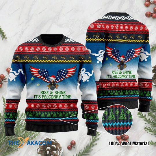Merry Xmas Rise And Shine It_s Falconry Time Alaska Eagle Special Pattern Ugly Christmas Sweater