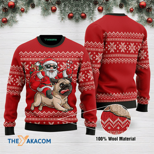 Merry Xmas Santa Clause Riding Pug Gift For Christmas Party Ugly Christmas Sweater