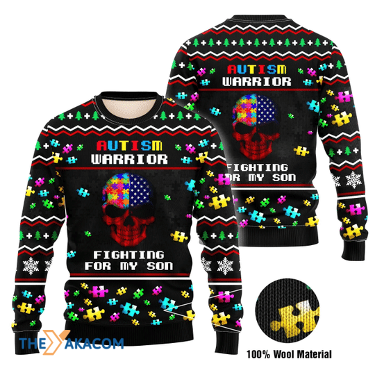 Merry Xmas Skull Autism Warrior Fighting For My Son Special Pattern Ugly Christmas Sweater Merry Xmas Skull Autism Warrior Fighting For My Son Special Pattern Ugly Christmas Sweater