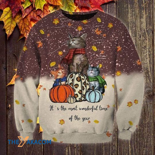Merry Xmas With Thanksgiving It_s The Most Wonderful Time Of The Year Cat And Special Pattern Ugly Christmas Sweater