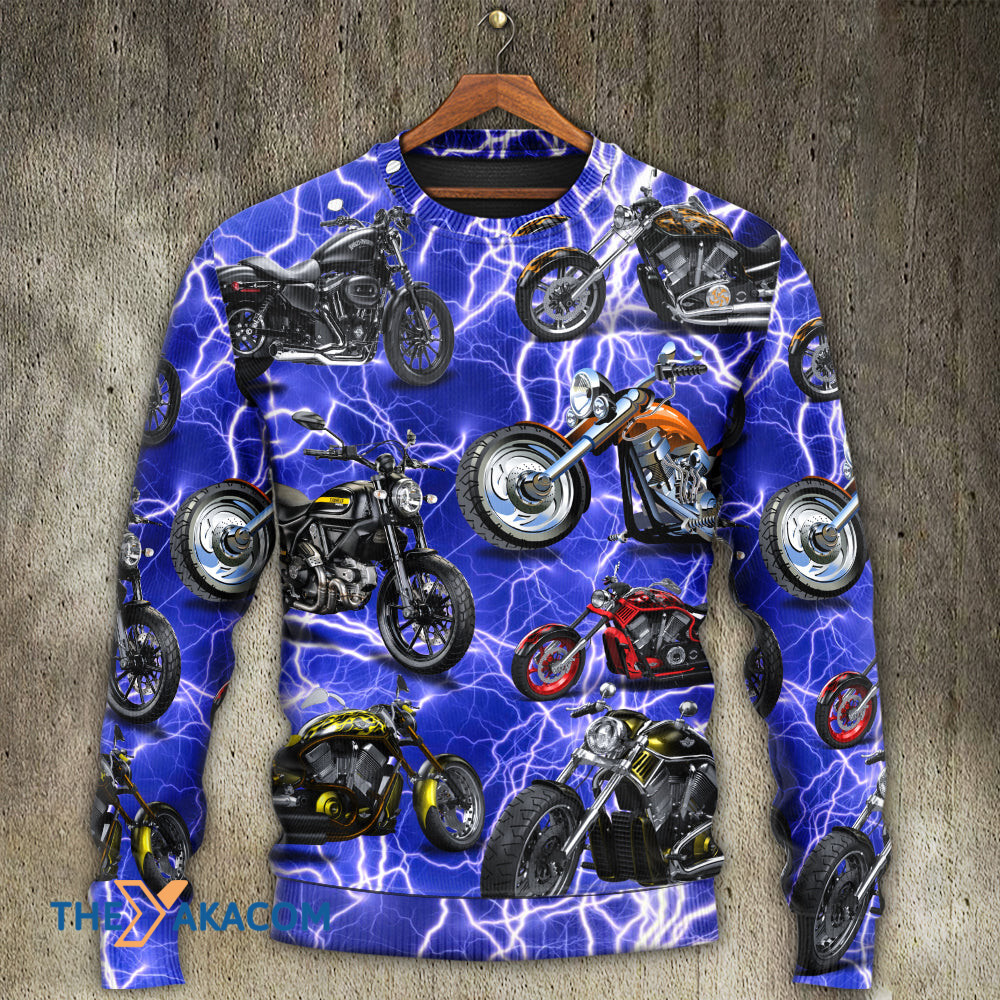 Motorcycle Lover Lightning Blue Cool Style Gift For Lover Ugly Christmas Sweater
