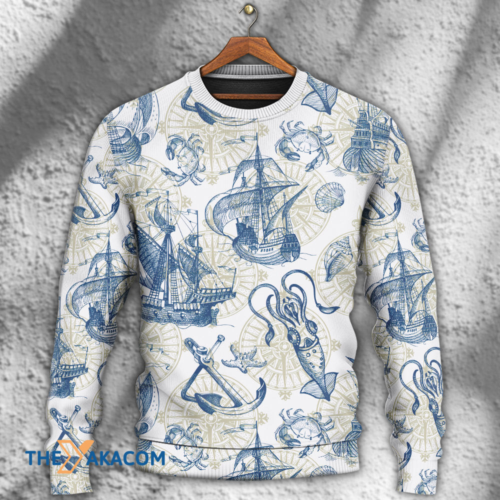 Ocean Life Vintage Sailboat Sea Monster Geographical Maps Gift For Lover Ugly Christmas Sweater