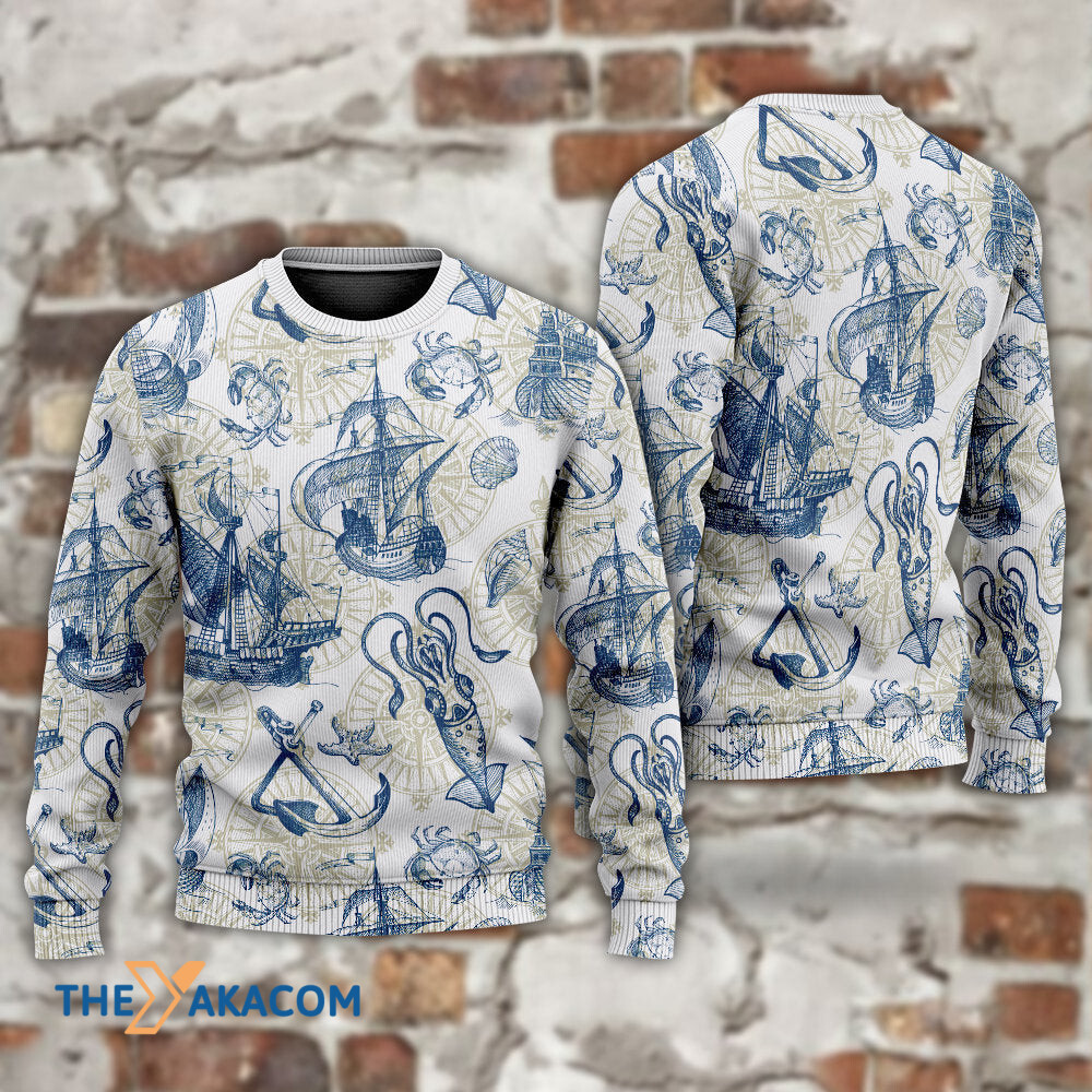 Ocean Life Vintage Sailboat Sea Monster Geographical Maps Gift For Lover Ugly Christmas Sweater
