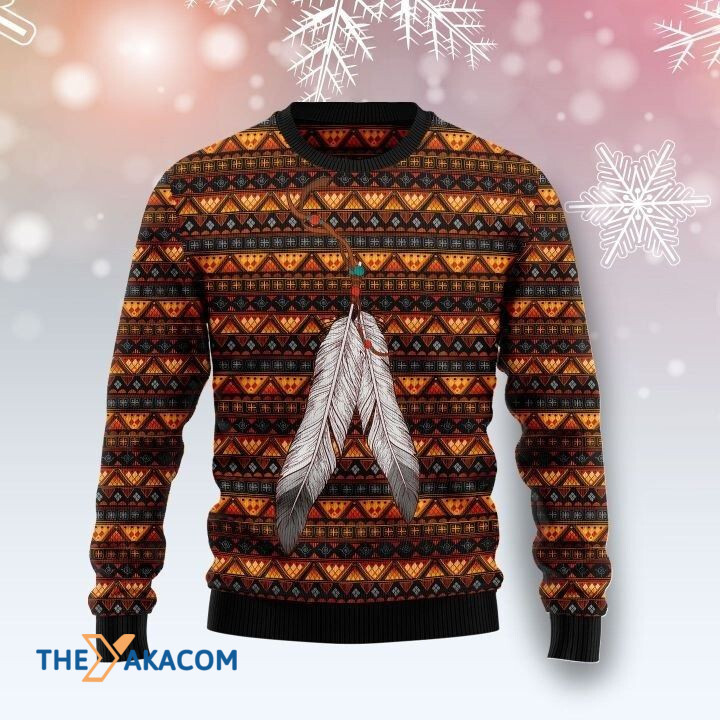 Orange Patterns And White Couple Feather Gift For Christmas Ugly Christmas Sweater