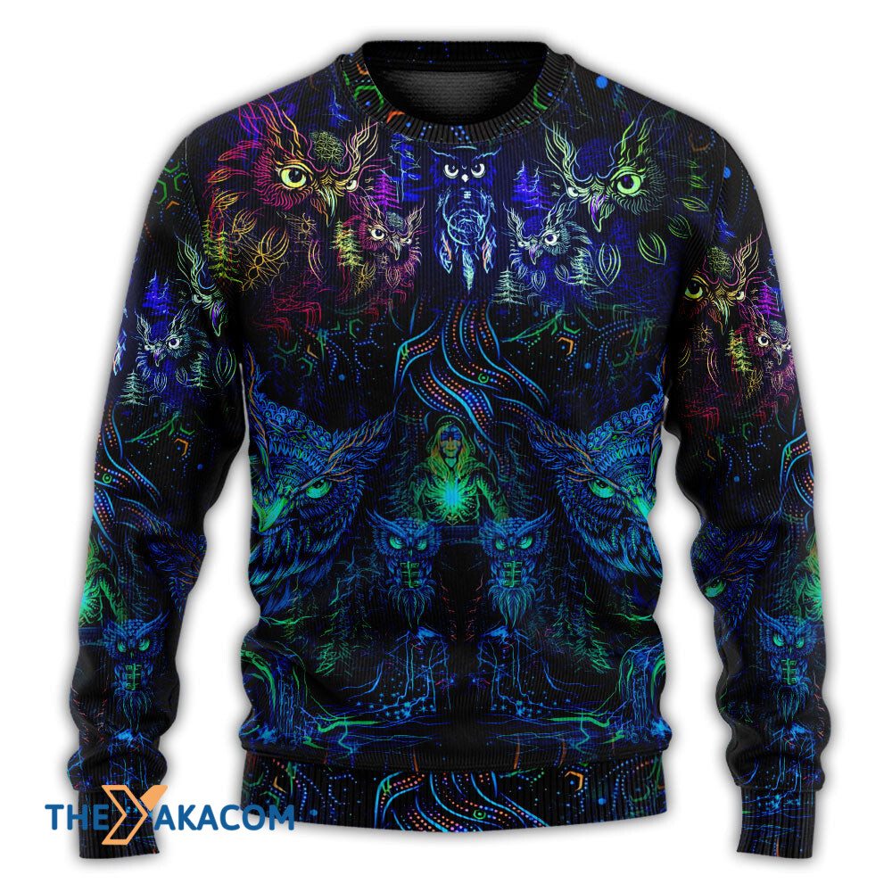 Owl And Witch Darkness Colorful Gift For Lover Ugly Christmas Sweater