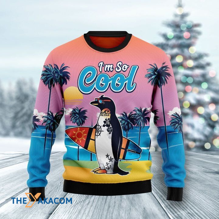 Penguin Go Surfing I_m So Cool Gift For Christmas Ugly Christmas Sweater