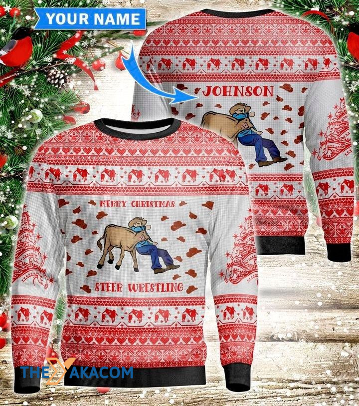 Personalized Christmas Day_s Steer Wrestling Man Gift For Christmas Ugly Christmas Sweater