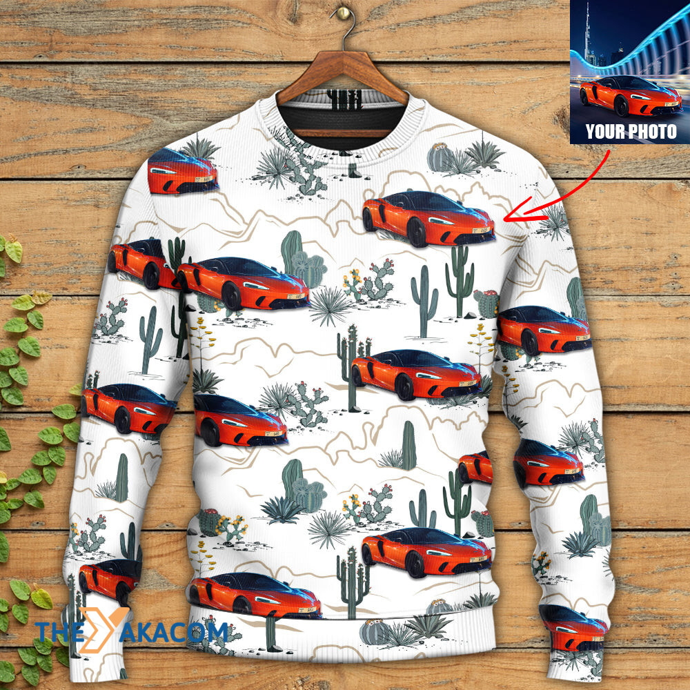 Personalized Custom Image Car Desert With Mountains Blooming Cacti Opuntia And Saguaro Custom Photo Gift For Lover Ugly Christmas Sweater