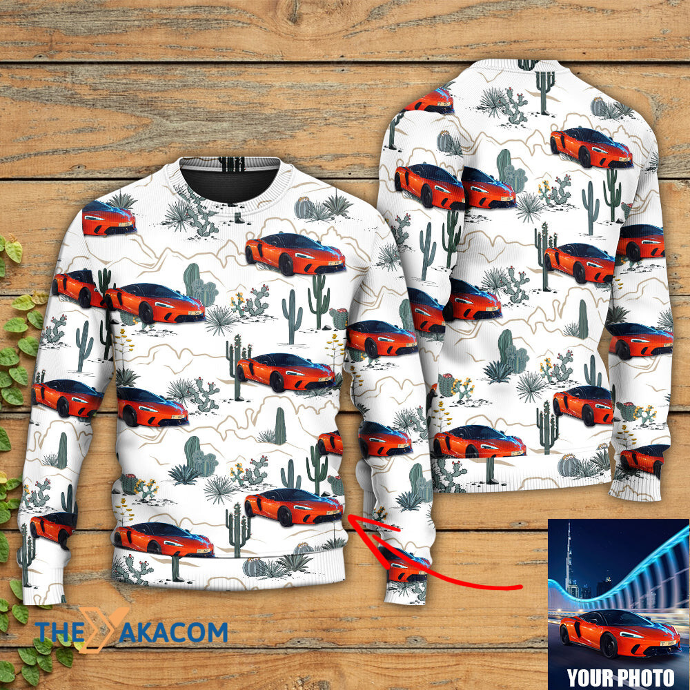 Personalized Custom Image Car Desert With Mountains Blooming Cacti Opuntia And Saguaro Custom Photo Gift For Lover Ugly Christmas Sweater