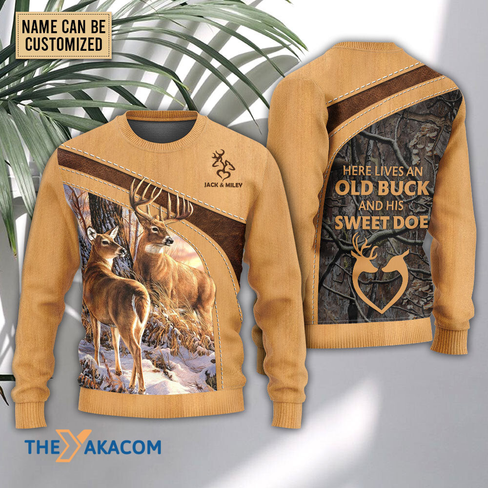 Personalized Custom Name Deer Here Lives An Old Buck And His Sweet Doe Personalized Gift For Lover Ugly Christmas Sweater