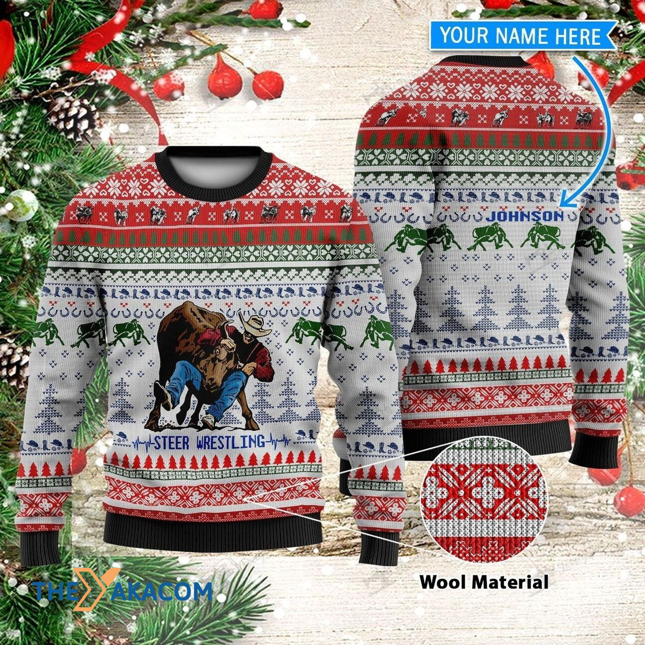 Personalized Steer Wrestling On Mountain Gift For Christmas Ugly Christmas Sweater