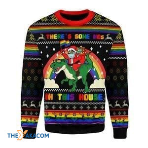 Santa Claus Riding Dinosaur There_s Some Hos In This House LGBT Gift For Christmas Ugly Christmas Sweater