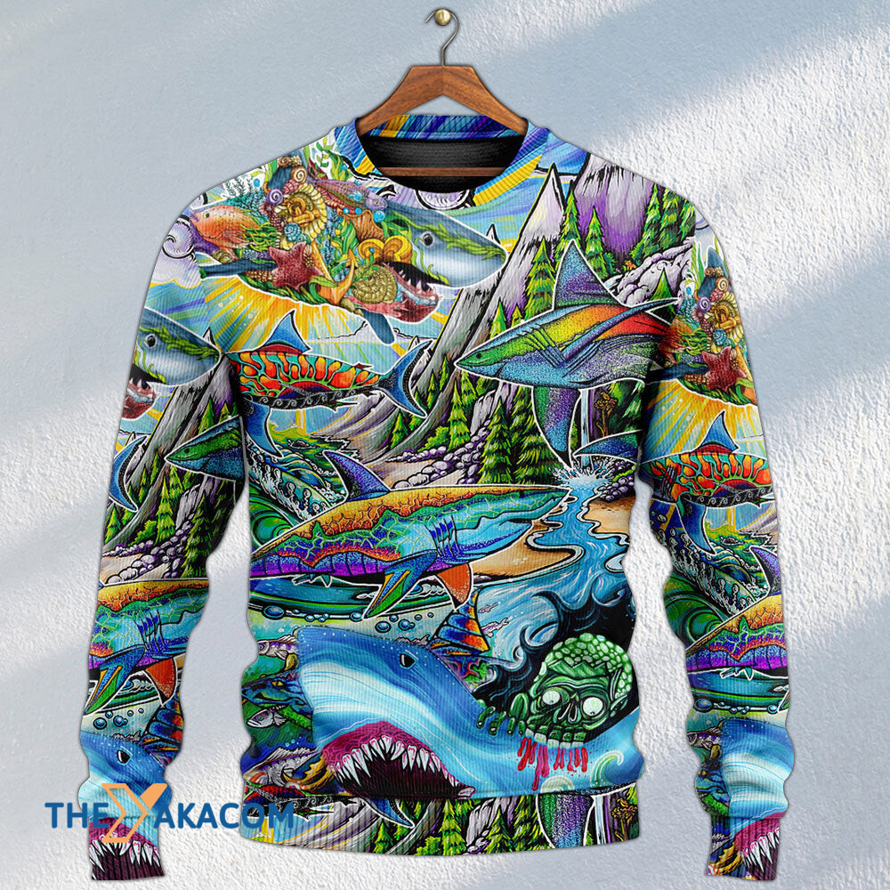 Shark Hippie Colorful Art Peace Gift For Lover Ugly Christmas Sweater