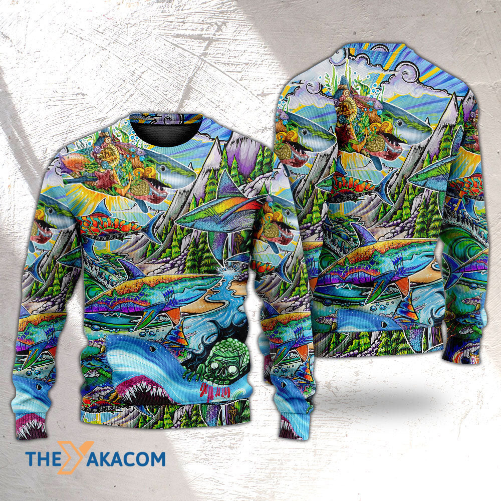 Shark Hippie Colorful Art Peace Gift For Lover Ugly Christmas Sweater