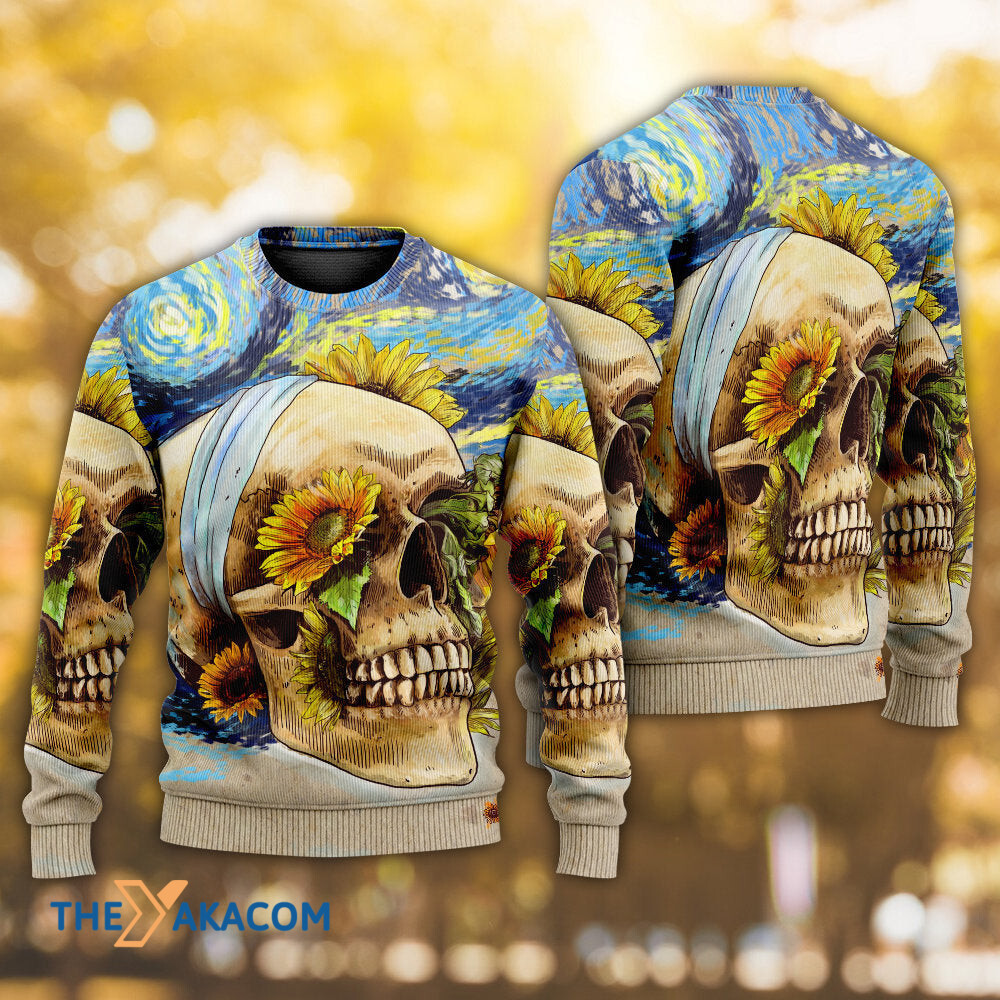 Skull And Sunflower Vintage Amazing Starry Night Gift For Lover Ugly Christmas Sweater