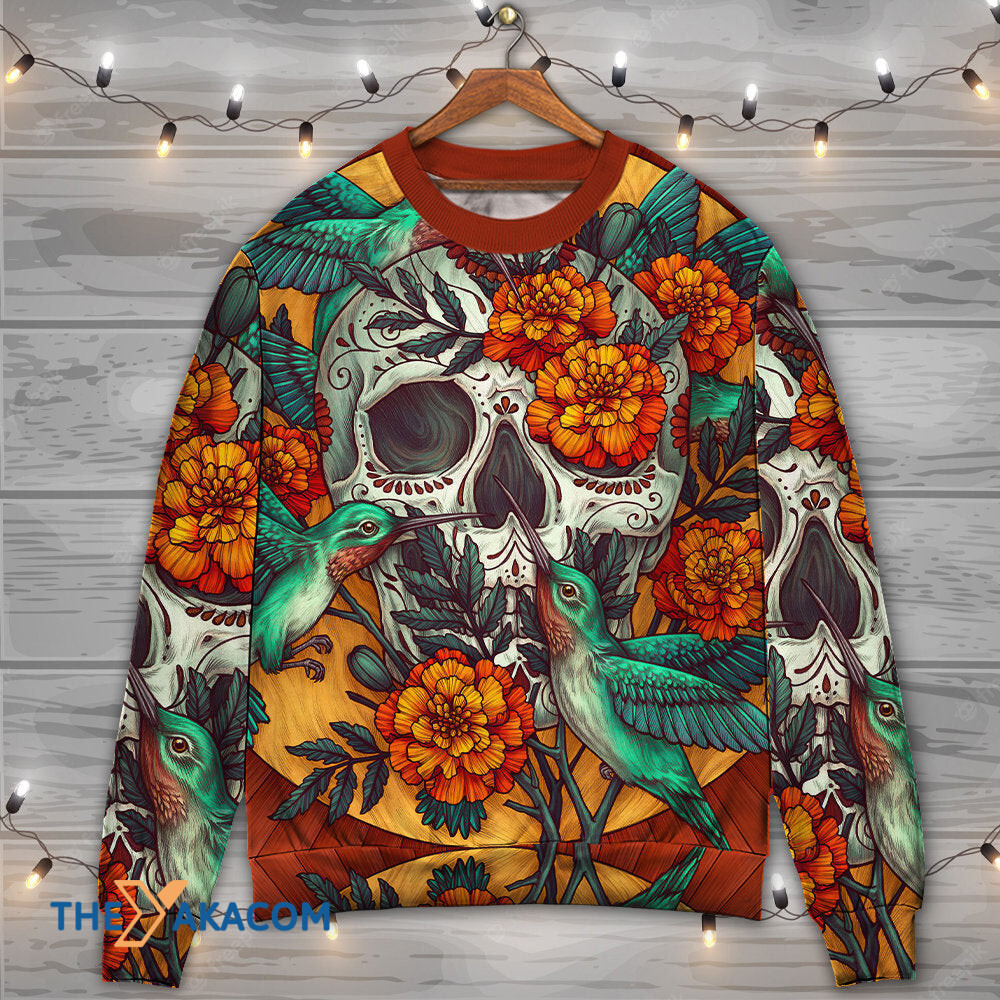 Skull Floral Skull Hummingbird Gift For Lover Ugly Christmas Sweater