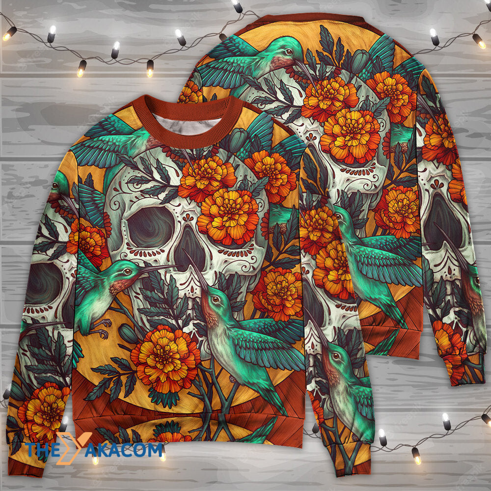 Skull Floral Skull Hummingbird Gift For Lover Ugly Christmas Sweater