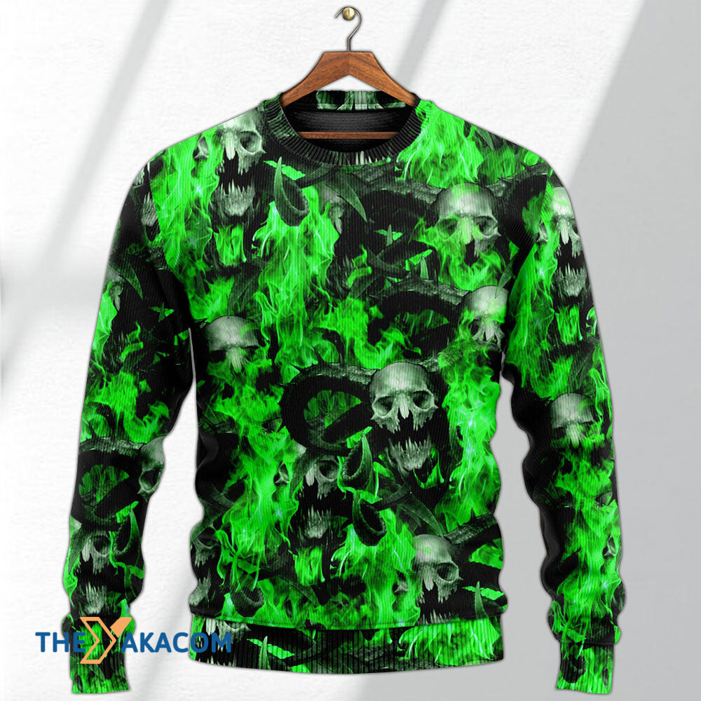 Skull Green Flame Burn Gift For Lover Ugly Christmas Sweater