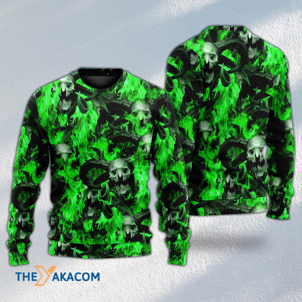 Skull Green Flame Burn Gift For Lover Ugly Christmas Sweater