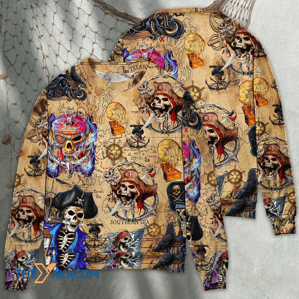 Skull Pirate Hunting Treasure Map Gift For Lover Ugly Christmas Sweater