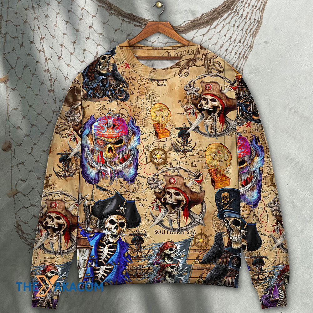 Skull Pirate Hunting Treasure Map Gift For Lover Ugly Christmas Sweater