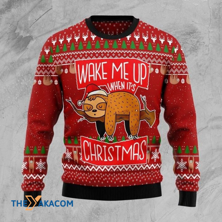 Sloth Art Wake Me Up When It_s Christmas Gift For Christmas Ugly Christmas Sweater