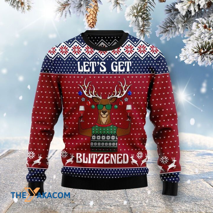Strong Deer Drink Red Wine Let_s Get Blitzened Gift For Christmas Ugly Christmas Sweater