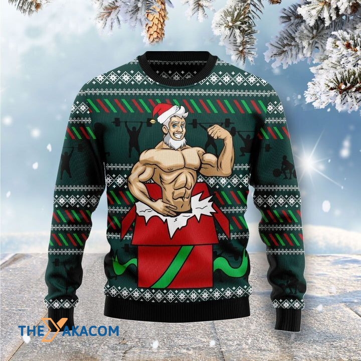 Strong Santa Claus With Six Pack In The Box Gift For Christmas Ugly Christmas Sweater