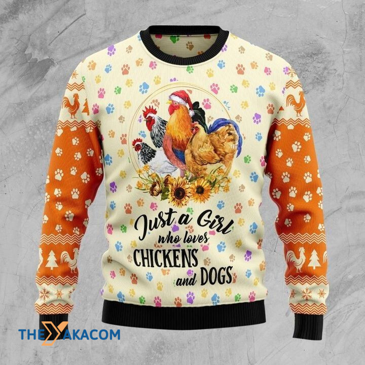 Sunflowers Just A Girl Who Loves Chickens And Dogs Gift For Christmas Ugly Christmas Sweater