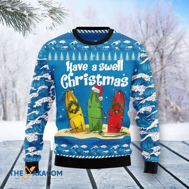 Surfer And Waves Patterns Have A Swell Christmas Gift For Christmas Ugly Christmas Sweater
