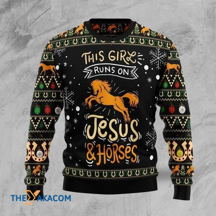 This Girl Runs On Jesus And Horses Gift For Christmas Ugly Christmas Sweater