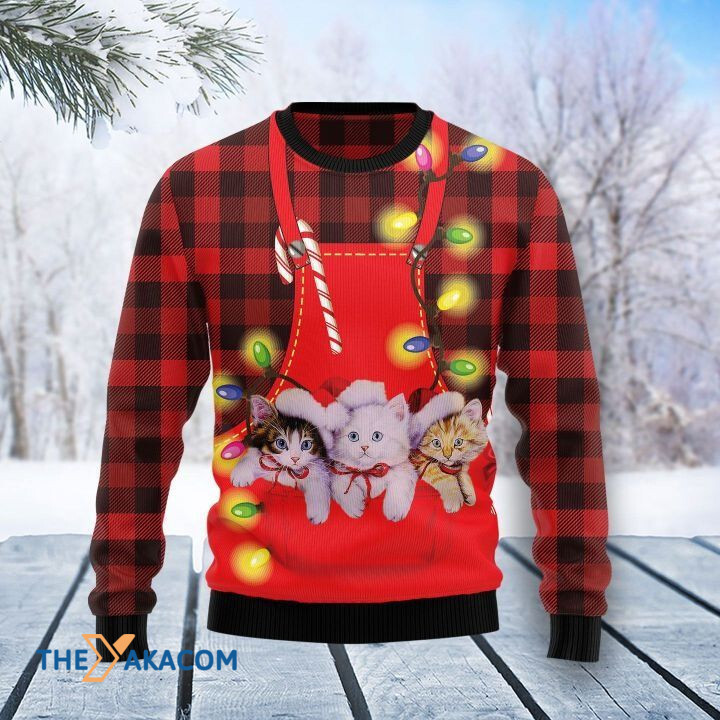 Three Little Cats In Pocket In Front With Colorful Light Gift For Christmas Ugly Christmas Sweater